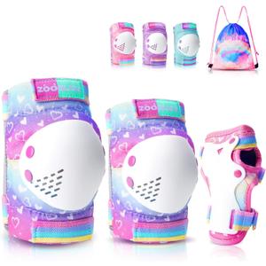Knee Pads for Kids - ZOOBLISS Toddler Knee and Elbow Pads Set Wrist Guards for Skating Girls Aged 3-12, Kids Protective Gear for Roller Skates Skateboard Bike Scooter, Included Drawstring Bag(Rainbow) (Small)
