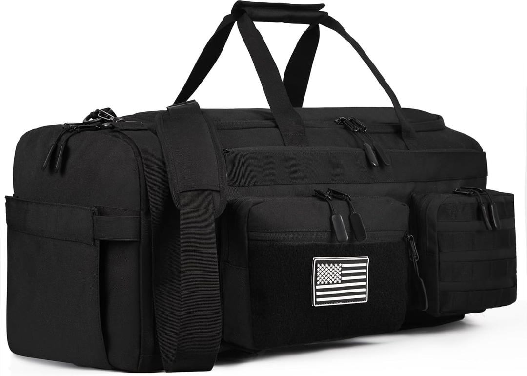 LHI 50L Tactical Duffle Bag for Men, 3-in-1 Gym Duffle and Backpack, Shoe Compartment, Laptop Sleeve and MOLLE, Carry-On Travel Weekender and Overnight Bag  Black