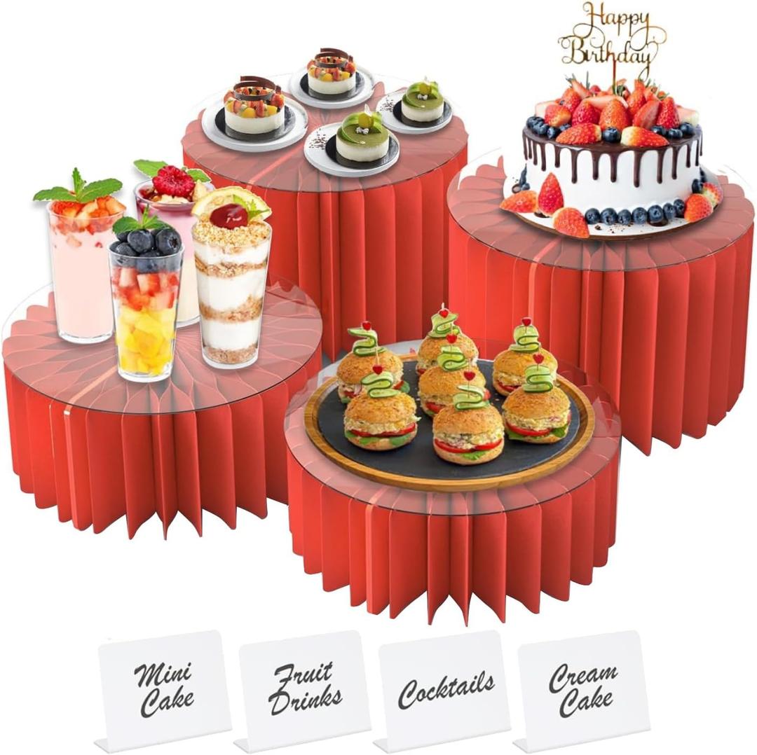 4 Pack Buffet Risers Food Risers for Buffet Table Acrylic Risers Display Stands Tall Cake Stands Cylinder Stands for Party Pedestal Cake Stand Dessert Table Display Set Cupcake Stands Cupcake Display (red, 4)