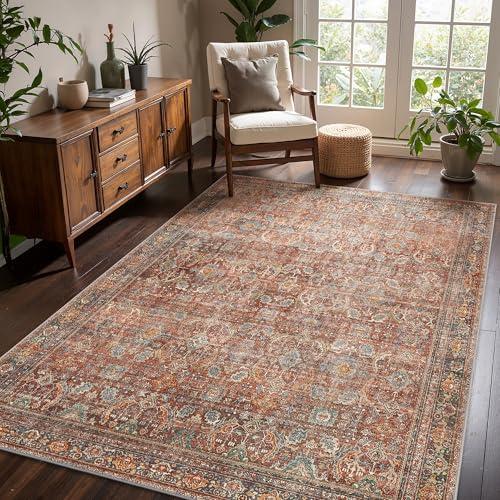 5x7 Area Rug Machine Washable Boho Rug for Living Room,Ultra-Thin Low Pile Carpet,Lightweight Indoor Printed Rug,Non Slip Floral Area Rug for Bedroom, Dining Room, Home Office,Terracotta/Indigo