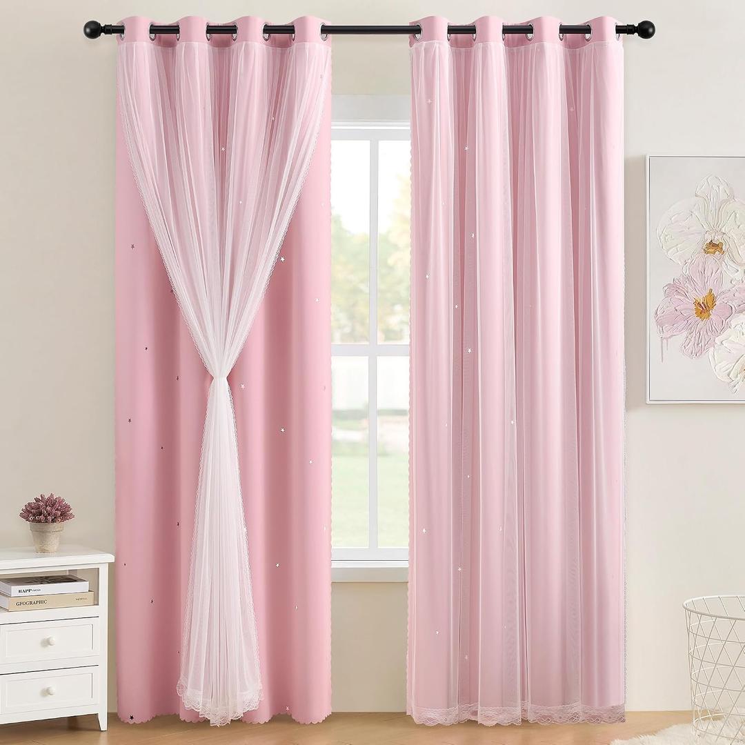 XiDi Light Pink Girls Curtains for Bedroom, Girls Room Blackout Curtains for 63 Inches Long Unicorn Bedroom Decor for Kids Room Darkening Curtains Decor Window Drapes 34x63 Inches
