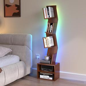 6 Tier Tree Bookshelf,Small Book Shelf with LED Lights,Corner Bookcase,Book Organizer Shelves,Floor Standing Book Shelves for Living Room,Home Office,Living Room,Vintage Rustic Brown