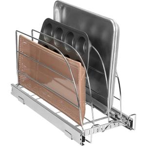 HOLDN STORAGE Pull Out Organizer for Bakeware, Cutting Board and Trays, Adjustable Dividers - Heavy Duty,For Narrow Cabinet Spaces, 8.5W x 21D x 11H, Chrome