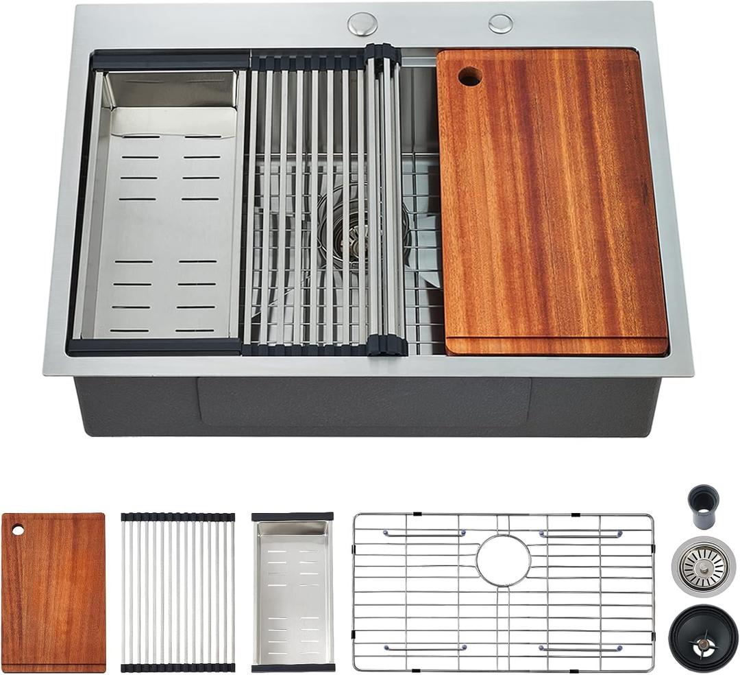 EcoChannels 25 x 22 x 9 Inch Kitchen Sink, Drop In Stainless Steel Single Bowl Workstation Sink,with Cutting Board,for Kitchen, Laundry, Utility Room