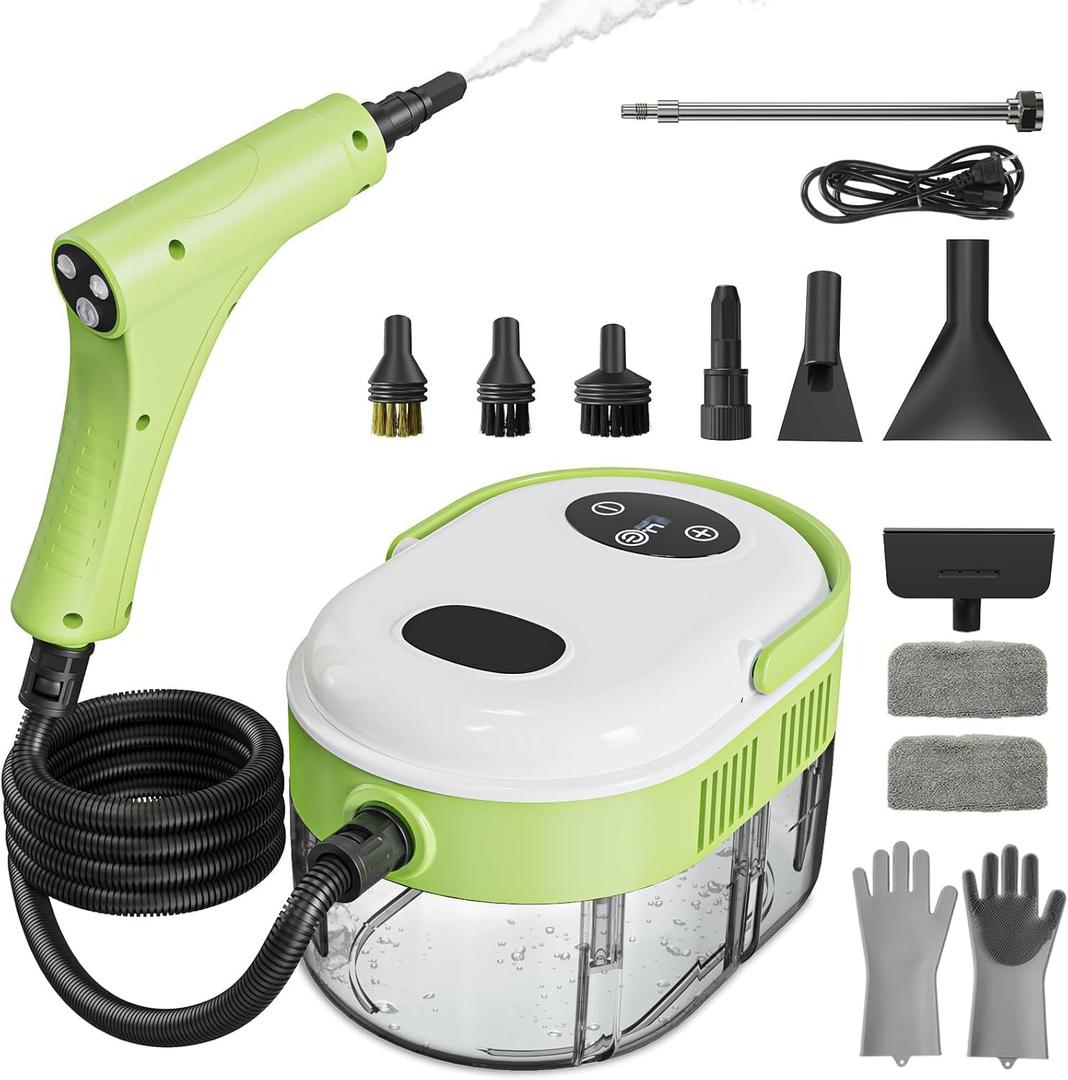 Steam Cleaner, Handheld Steam Cleaner with 6 Levels Adjustable Handle, 1.5L Water Tank, Steamer for Cleaning, Portable Steam Cleaner for Home, Car, Furniture, Couch, Bed Bugs (White & Green)