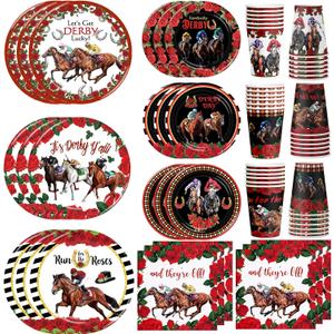 Race Party Tableware Set Horse Race 120pcs Disposable Paper Plates and Napkins for Race Party Decorations Cups for The Race Day Decor, Serve 30