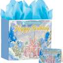 PrintGuru 13 Large Birthday Gift Bag with Tissue Paper and Greeting Card, Frozen Gift Bag with Ribbon Handles For Girls Women Kids Birthday, 13W x 10.2H x 4.9D (Princess Castle, Snowflake, Blue, Pack 1)