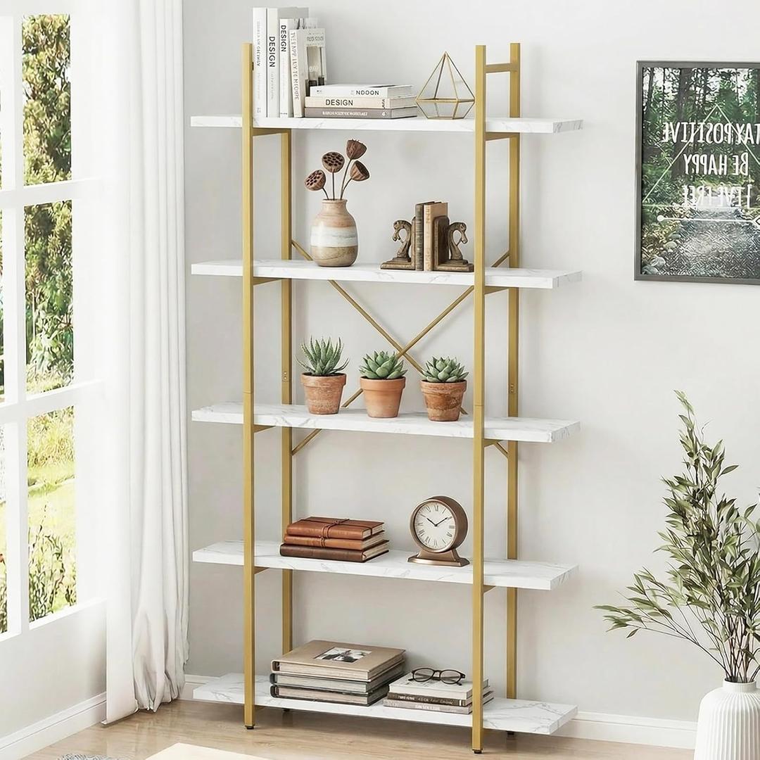 5 Tiers Bookshelf Organizer White Faux Marble Shelf,Modern Open Display Storage Bookcase, and Metal Bookshelf Standing Storage Shelf Tall Shelving Units for Home Office Study