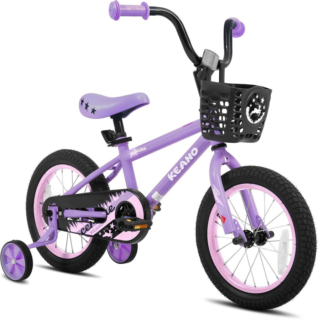 KEANO Cervine 14 16 20 Inch Kids Bike for Boys Girls Ages 3-10 Years, 14 16 Inch Toddler BMX Bikes with Training Wheels and Basket, 20 in Children Bicycles with Kickstand (Purple)