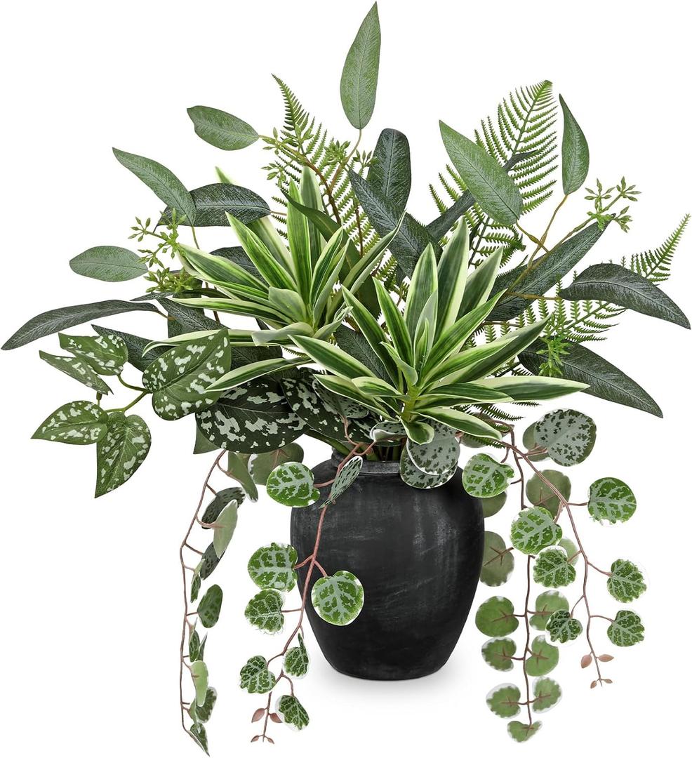 Artificial Greenery Arrangement with Cement Vase, Fake Potted Plants in Rustic Jug Planter, Faux Leaf Bouquet for Table Centerpiece, Farmhouse Home Decor, Dining Room, Living Room, Shelf Decoration