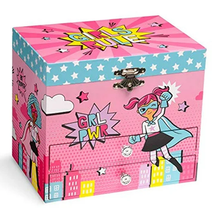 Jewelkeeper Girl Power Superhero Musical Jewelry Box with 2 Pullout Drawers - Plays Fur Elise Tune - Durable Pine Fiberboard Storage Box with Spinning Superhero Doll and Velvet Lining for Girls Gifts