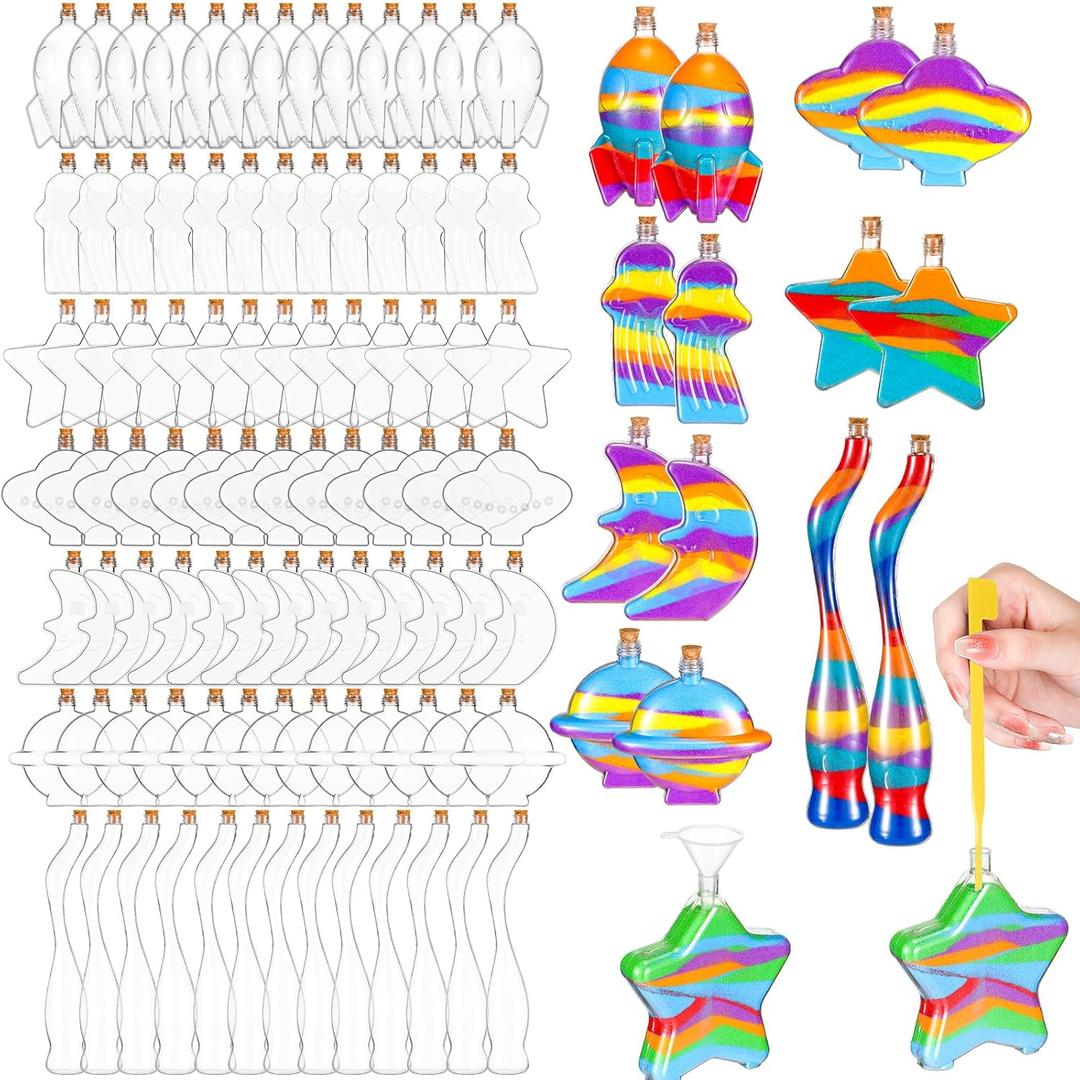 Tanlade 50 Pcs Plastic Sand Art Bottles with Cork Stoppers for Kids 8 Styles Sand Art Containers Wishing Bottles for DIY Crafts Projects Halloween Christmas Party Supplies