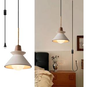 7.7" Plug in Concrete Pendant Light, Nordic Wabi Sabi Pendant Lamp with Wood Accent White Cement Pendant Light Minimalist Lamp for Living Room Bedside Kitchen Island Dining Room Apartment Dorm