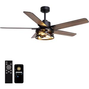 52 Inch Ceiling Fans with Lights and Remote Control, Low Profile Farmhouse Ceiling Fan for Bedroom Living Room and Patio, Black Caged Ceiling Fan for Indoor and Outdoor（NO BULBS）
