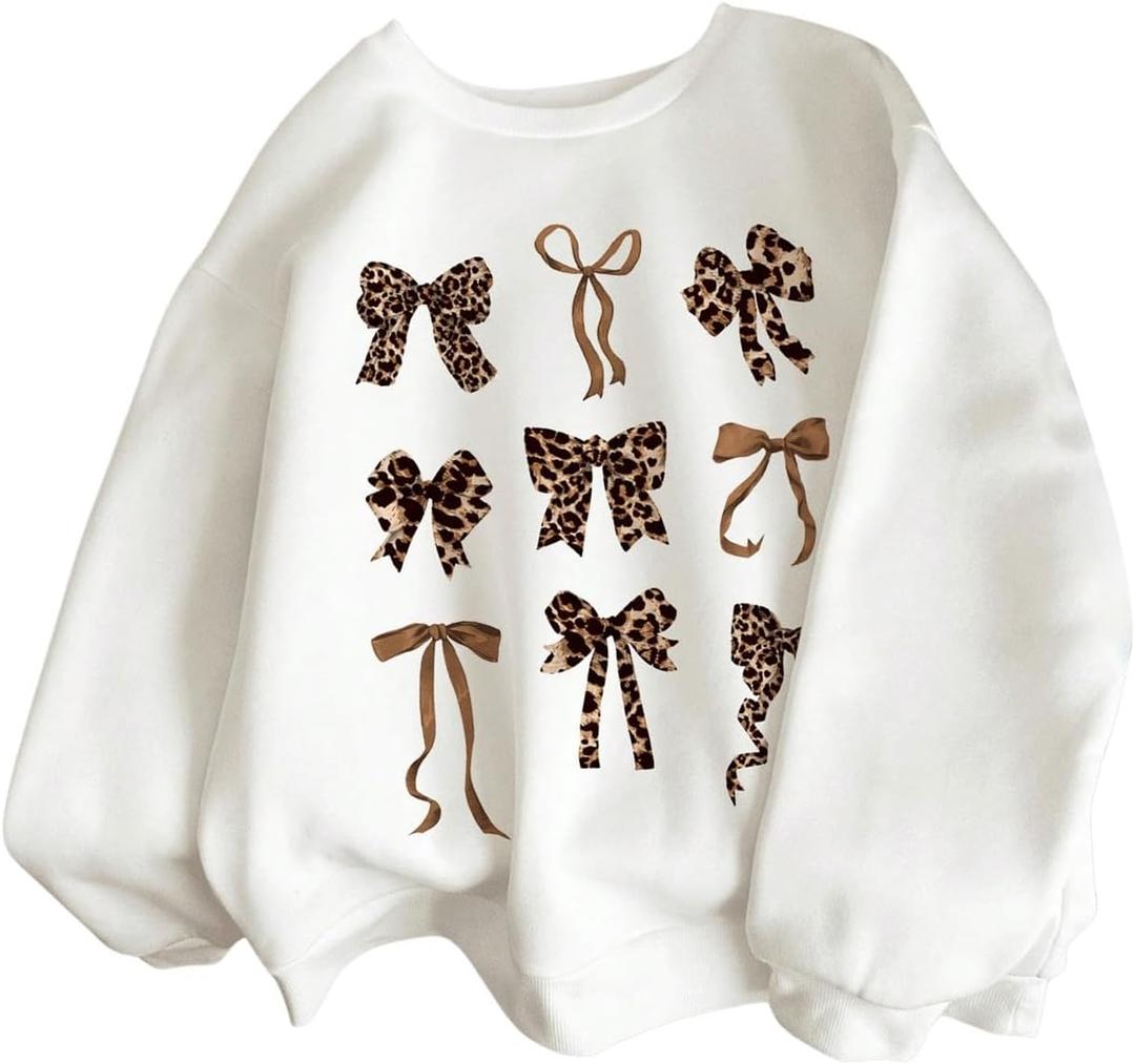 WDIRARA Girl's Leopard Bow Sweatshirt Crew Neck Long Sleeve Pullovers Graphic Top (White, 14Y)