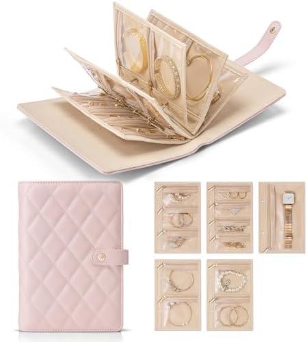 Vlando Travel Jewelry Case,Jewelry Organizer Box with Clear Zipper Velvet Jewelry Pouch Bag, PU Leather Jewelry Case, Gift for Women-Pink