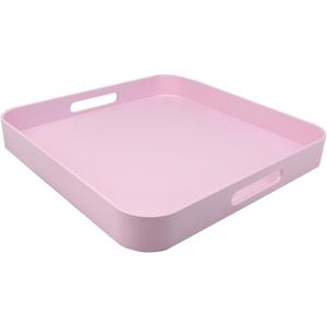 Square Pink Decorative Serving Tray with Handles, Versatile Ottoman Tray for Coffee Table, Entertaining, Outdoor Patio, Living Room, 13”*13”*1.6”