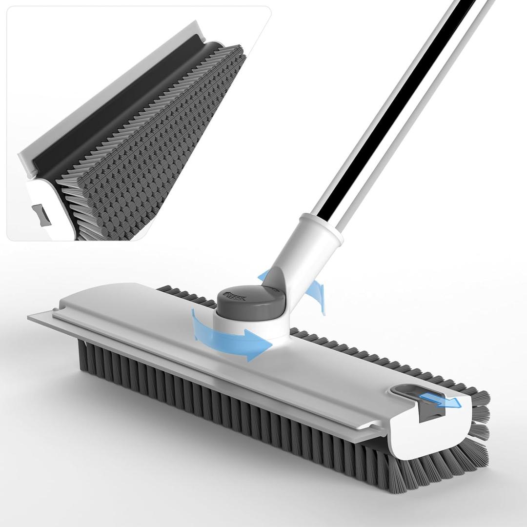 Scrub Brush with Long Handle, Floor Scrub Brush Squeegee Broom for Cleaning, 3 in 1 Shower Scrubber Floor Broom Squeegee for Concrete Tile Wall Deck Patio White