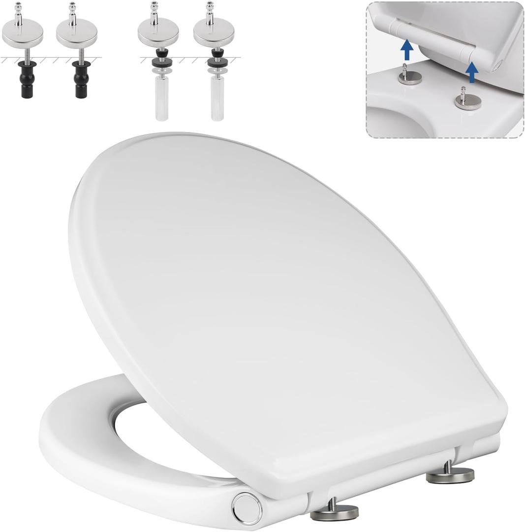 Universal Elongated Toilet Seat Replacement with Cover, One-Click to Quick Release SoftClose Oval Toilet Seat Compatible with TOTO/Kohler/Gerber, 2-pack Toilet Bolts and Nuts, Cotton White