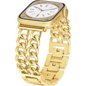 Metal Watch Bands for Women Compatible with Apple Watch Bands for Women Men 40mm 38mm 41mm 42mm 44mm 45mm 46mm, Adjustable Replacement Bracelet for iWatch Bands Series 11 SE 10 9 8 7 6 5 4 3 (Double Chain Gold)