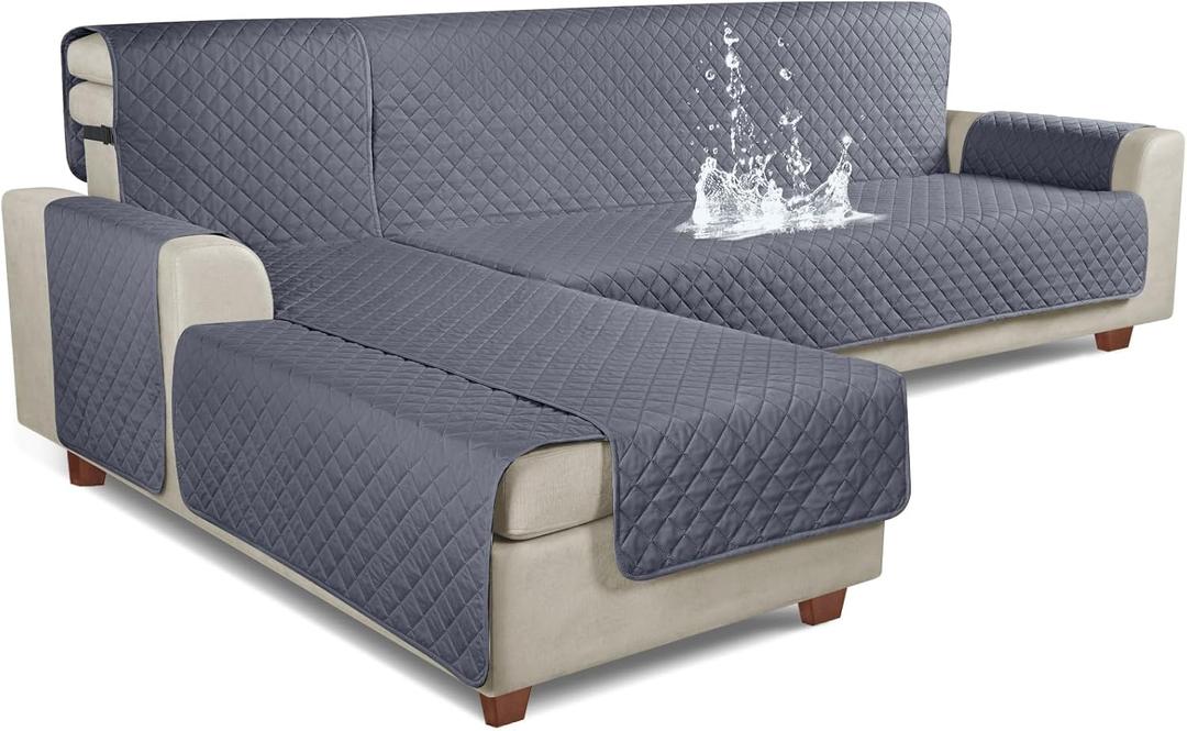 KinCam 100% Waterproof Sectional Couch Covers, Reversible L Shaped Sofa Covers 3pcs Sofa Slipcovers for Sectional Chaise Slipcover for Pets Kids (XLarge, Dark Gray)