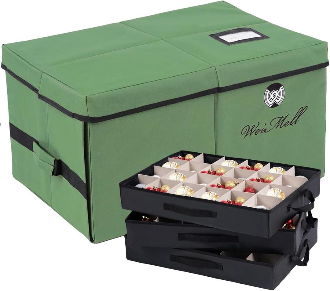 Christmas Ornament Storage Box - Premium Ornament Storage Box with 4 Adjustable Dividers - Stores up to 72 Ornaments Balls - 3 Individual Trays - Durable 600D Oxford