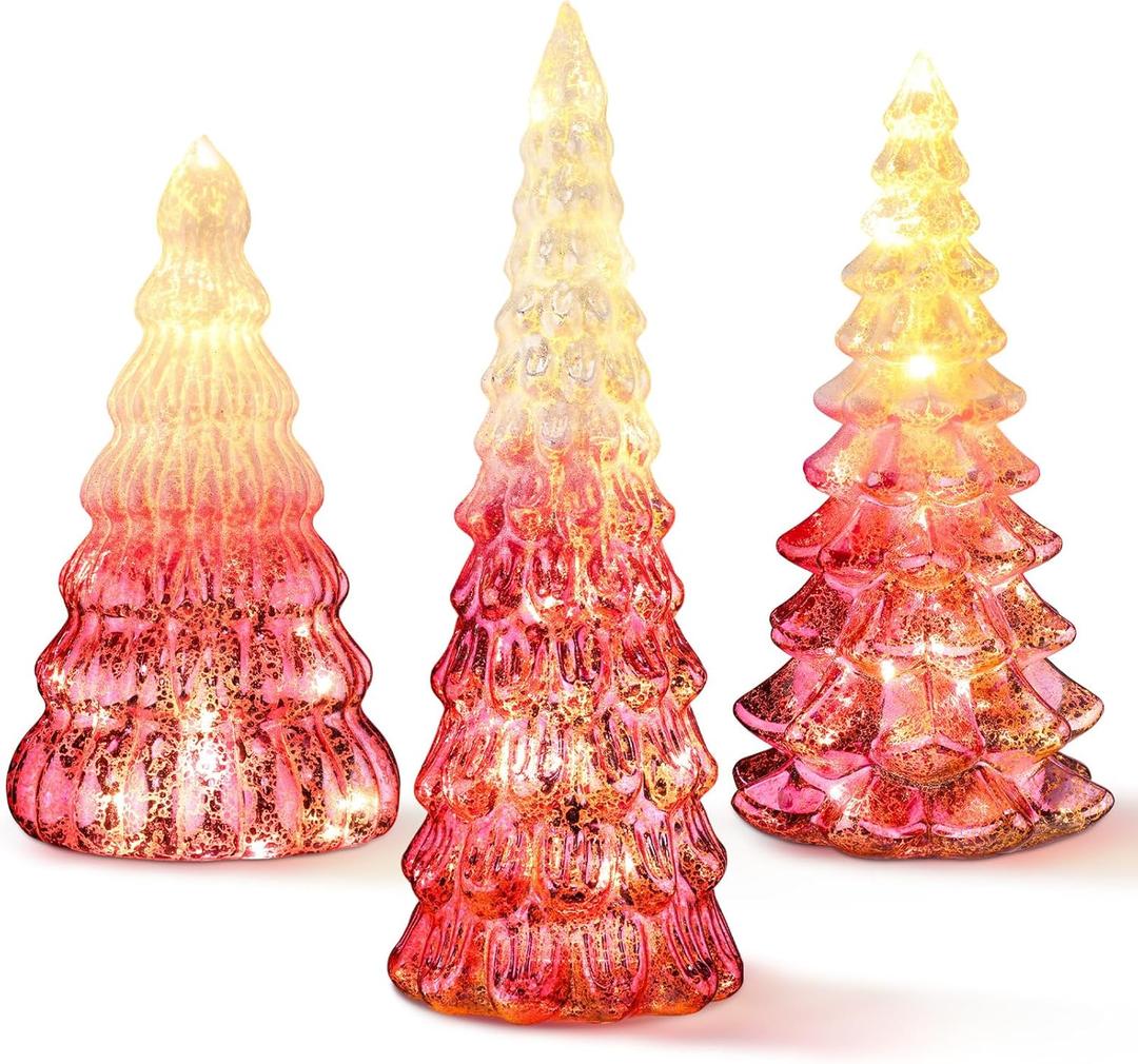 Funnymoom 3 Pack Glass Christmas Trees Decorations Gradient Lighted Christmas Tree 11.4 Inch Snow Top Glitter Xmas Winter Tabletop Centerpieces Gift for Home Fireplace Table Mantle Holiday(Pink)