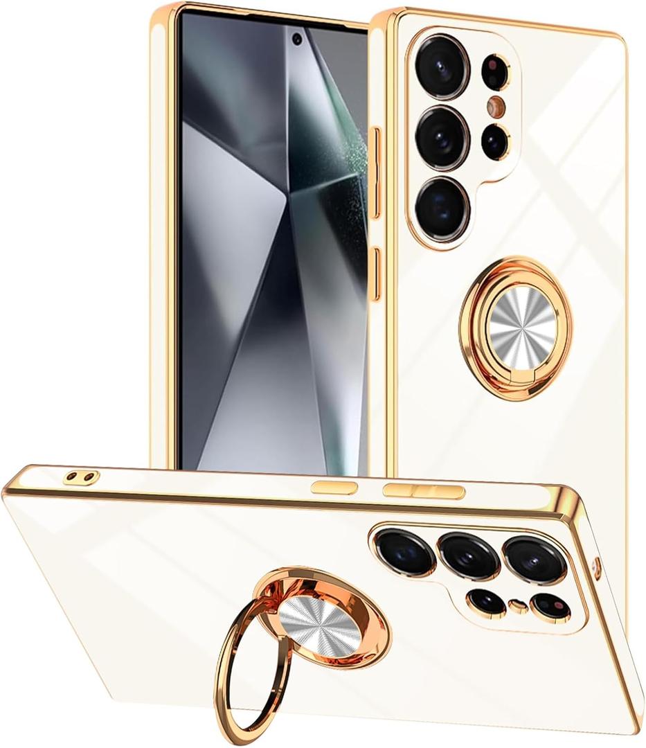 Tnarru Designed for Samsung Galaxy S25 Ultra Case with Ring Stand, Support Magnetic Car Mount Rotatable Finger Holder Soft TPU Cover Plating Edge Protective Slim Phone Case for Galaxy S25 Ultra White