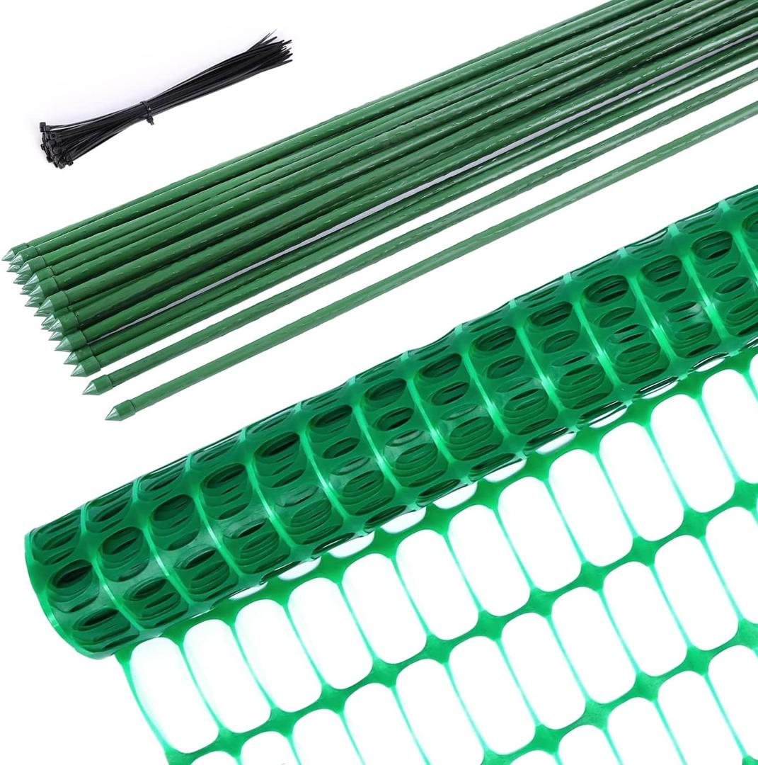 Ohuhu Plastic Snow Fence Set, 3.4FTx100FT Garden Fence Roll with 25-Pack 4FT Stakes Temporary Safety Netting, Reusable Fencing Poultry Fences for Deer Chicken Dog Yard (Green)