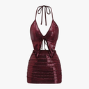 SHENHE Women's Y2k 2 Piece Sexy Outfits Backless Halter Crop Top and Ruched Bodycon Mini Skirt Set, Size S