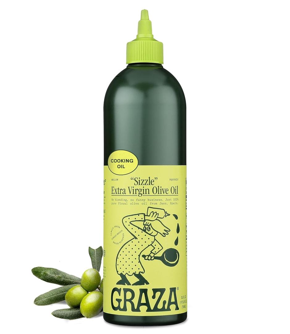 Graza Sizzle Extra Virgin Olive Oil, Cooking Oil - High Polyphenol Peak Harvest EVOO Cooking Oil in a Squeeze Bottle - Single Origin Olive Oils from Spain - 25.3 Fl Oz (750ml) (EXP 04/13/28)
