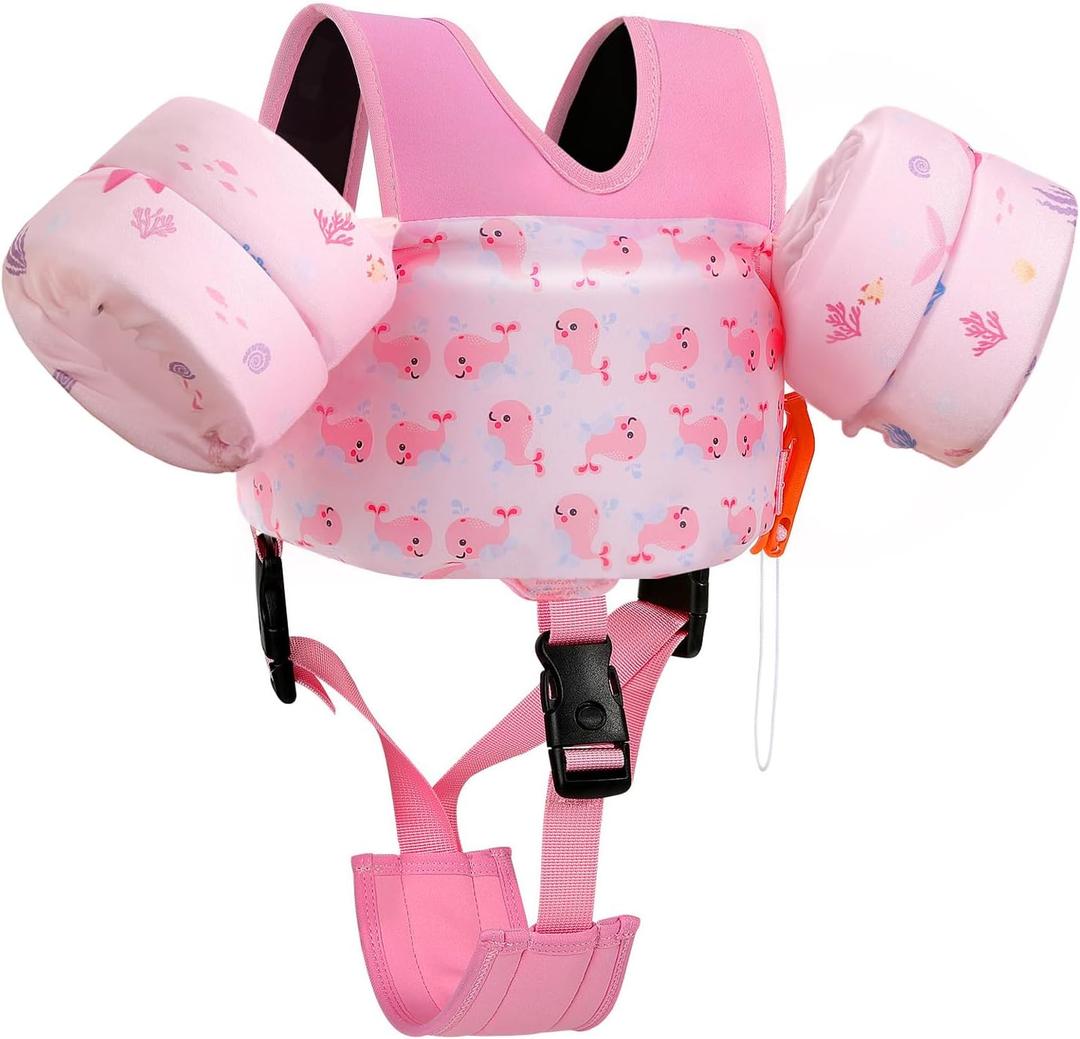 MoKo Swim Arm Floatie, Toddler Swim Vest for Kids Cartoon Swimming Water Wings with Crotch Strap, Pool Float Vests Sleeves Shoulder Straps Arm Band for Children, A-Baby Pink Whale, For Kids 13-30 Lbs