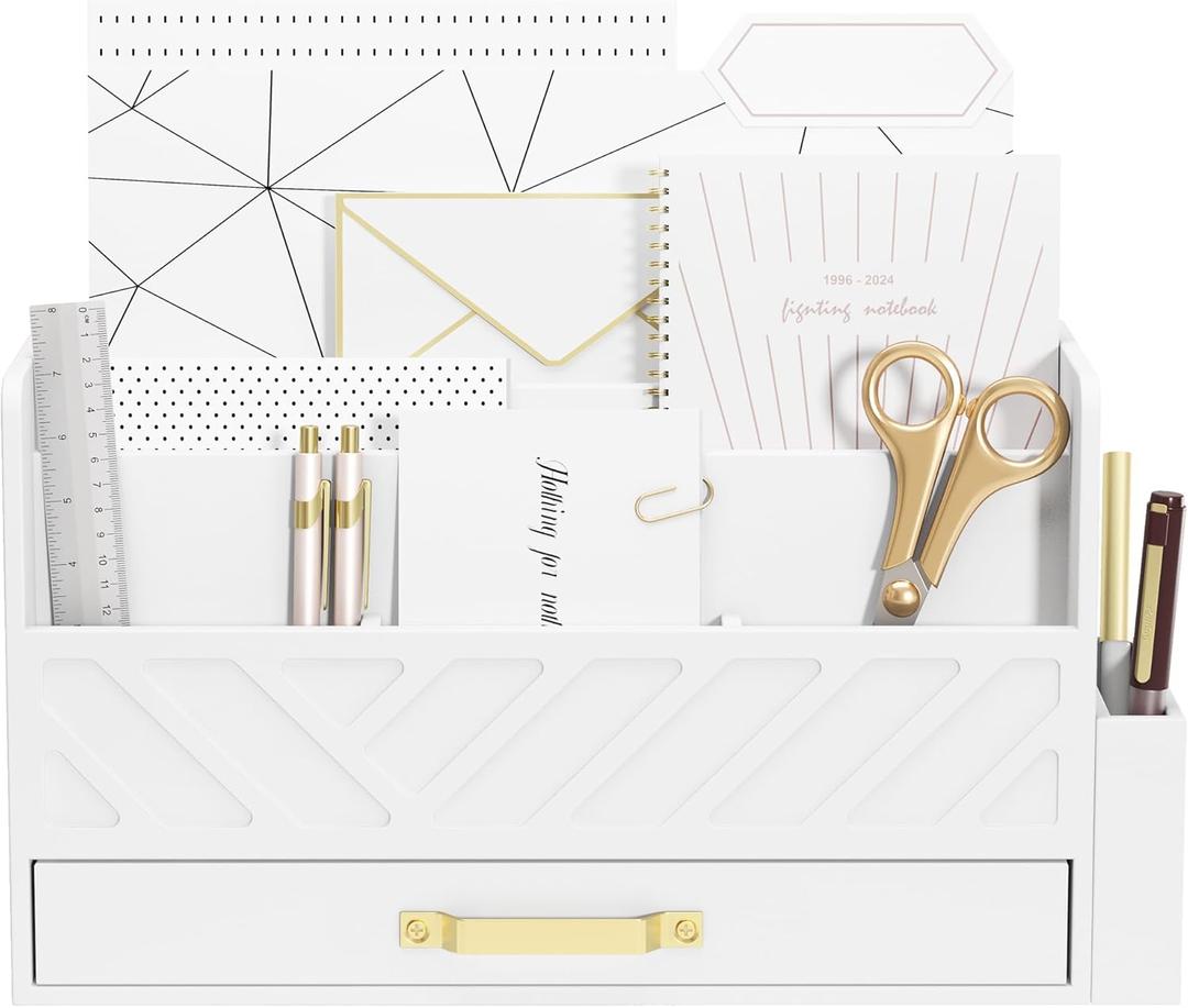 WISUCART Bamboo Desk Organizer Mail Holder Countertop Wood Desk Drawer Tabletop Storage Box Pen Holder Letter Sorter Makeup Organizer for School Home Office Supplies with Pen Holder White