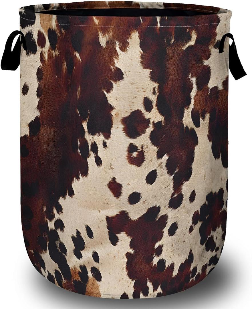 Brown Cow Skin Print Laundry Basket with Sturdy Handles, Nature Cowhide Collapsible Oxford Cloth Laundry Hamper Organizer Basket for Bathroom Bedroom 15.7x20 Inch