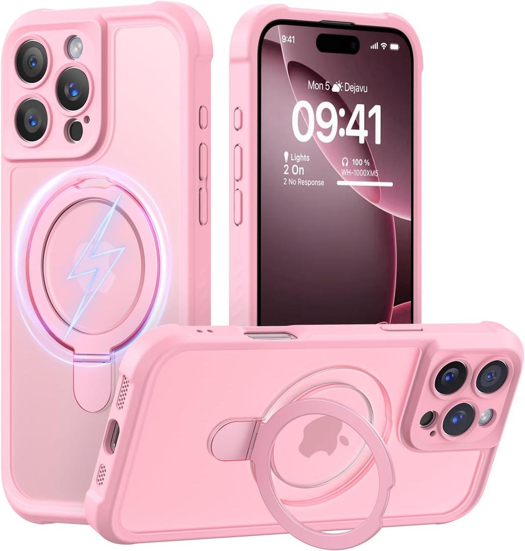 MOCCA Design for iPhone 16 Pro Case with Magnetic Invisible Stand [Full Camera Protection] [Compatible with Magsafe] Military Drop Shockproof Translucent Matte Phone Case Cover 6.3",Pink