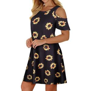 Misyula Style Womens Summer Cold Shoulder Floral Flowy T-Shirt Dress with Pockets, Medium 