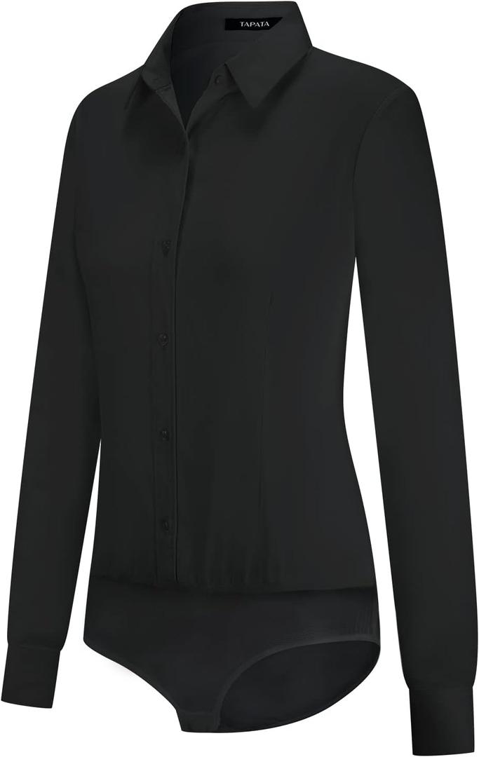 Tapata Womens Bodysuit Blouse Button Down One-Piece Long Sleeve Solid Office Work Shirt Casual Tops (Medium, Black)