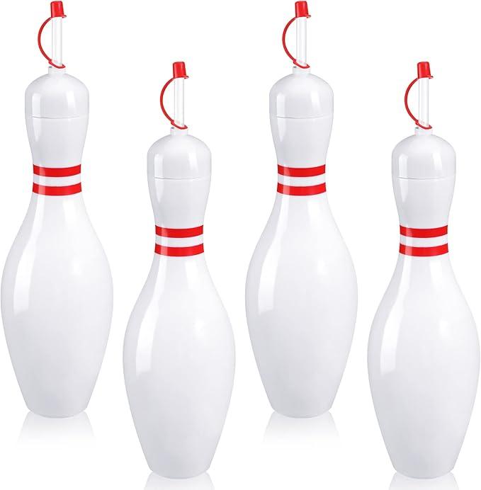 Funtery 4 Set Bowling Lovers Gifts for Men Women 25 oz Reusable Bowling Pin Plastic Water Bottles with Straws and Lids Sports Fans