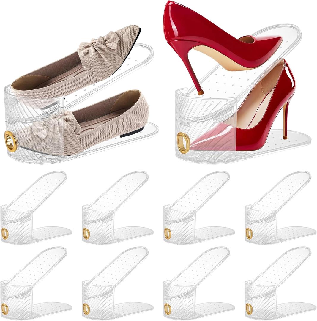 Shoe Slot Organizer 10 Pack - Shoe SlotsCan Save 50% of Shoe Stackers SpaceAdjustable Shoe Stacking Device, Double-Layer Design for Shoe Slots Organizer for Closet. (Clear, 10 Pack)
