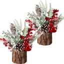 Hatisan Small Christmas Tree with Christmas Ornaments Pine Cone Berry, Tabletop Artificial Christmas Tree for Christmas Decorations Home Room Party Winter Indoor Outdoor(2 Pack Red-Round)