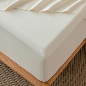 MooMee Fitted Bottom Sheet Only 100% Washed Cotton Linen Like Textured Breathable Durable Soft Comfy Deep Pocket Fits Mattress up to 17" (Cream White, California King)