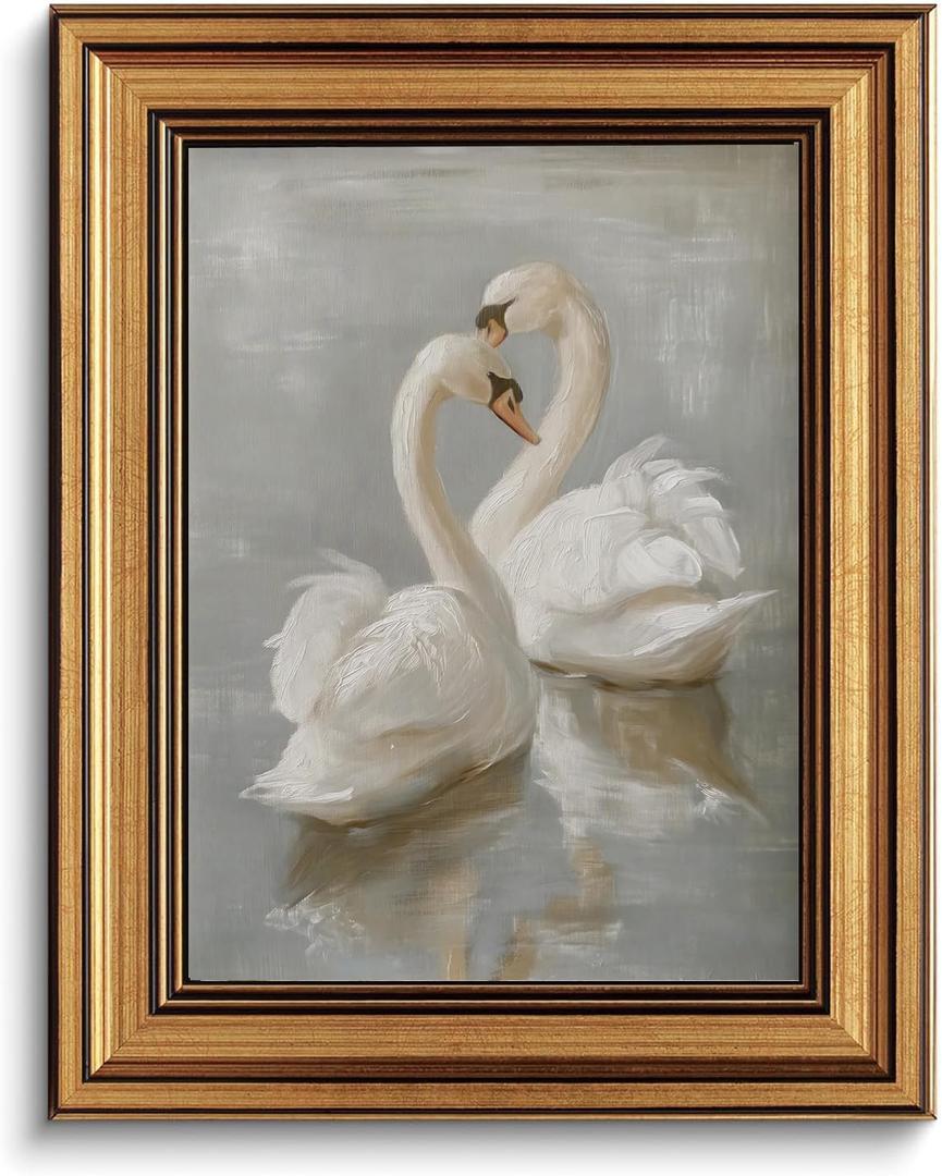 Gold Framed Wall Art Vintage White Swan Canvas Art Farmhouse Animals Picture Wall Decor Antique Prints Rustic Paintings Country Artwork for Bedroom Bathroom Living Room 8x10 Inch