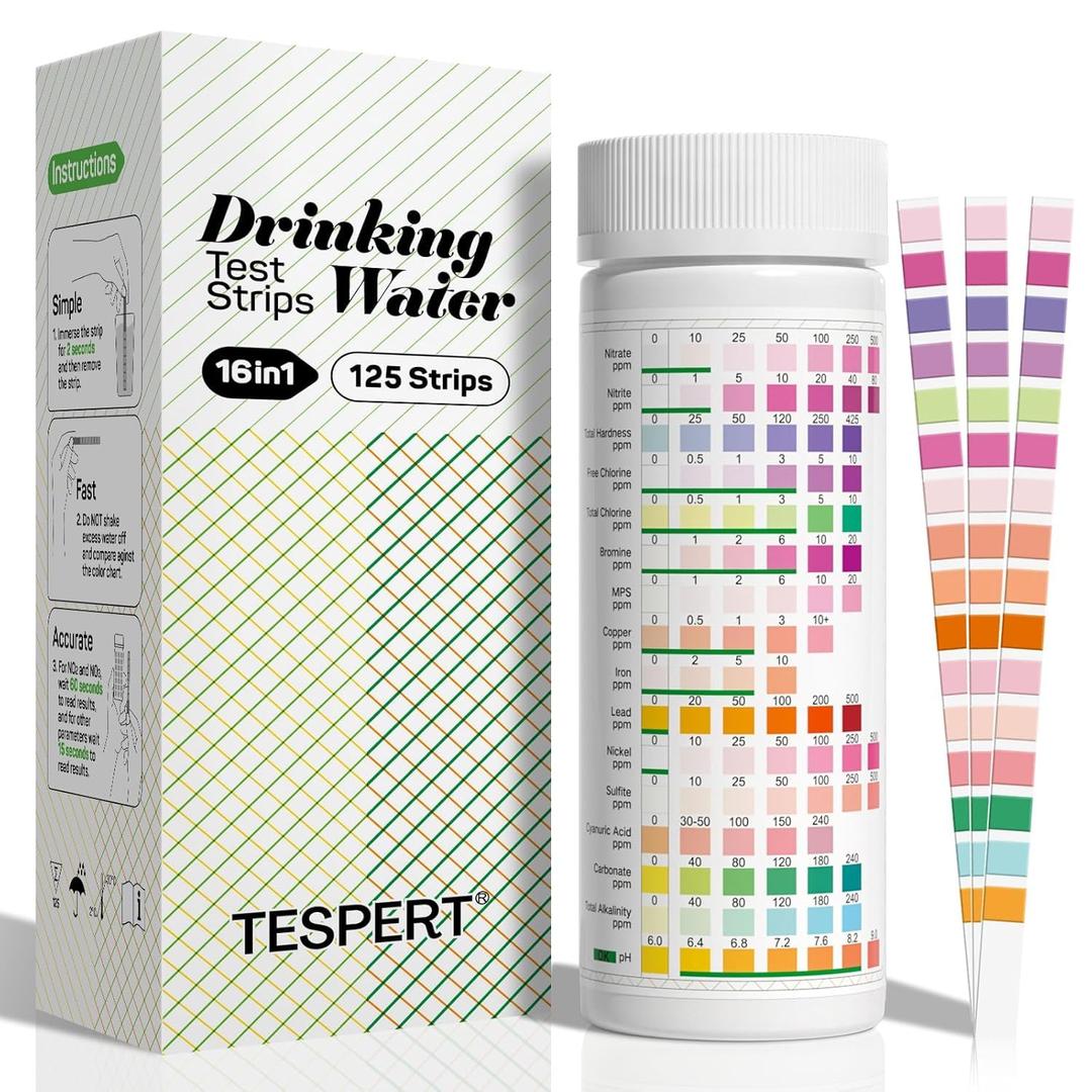 TESPERT Drinking Water Test Strips 125ct 16 in 1 30s Quick Screening for Hardness, pH, Iron, Nitrite, Copper, Chlorine, Nitrite, Carbonate, Lead, Alkalinity...Well, Tap, Home, City Water Testing