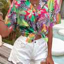 ALLTB Hawaiian Shirts for Women Tropical Floral Printed Hawaii Shirts Button Down V Neck Short Sleeve Blouses Tops (M)