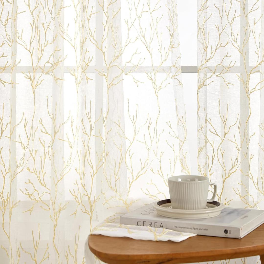 Sheer Curtains 2 Panels Set, Decorative Embroidered Leaf Design, Rod Pocket Light-Filtering Window Treatments for Living Room Bedroom, 54" W x 84" L