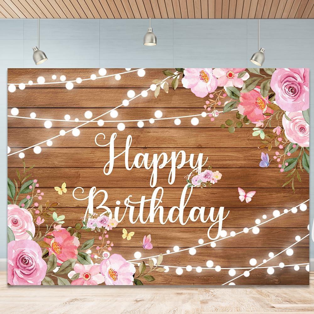 Retyshia Happy Birthday Backdrop for Women Rustic Wooden Butterfly Happy Birthday Banner Glitter Lights Pink Floral Party Decoration Background for 20th 30th Women Girl 7X5ft(82x59 inch)