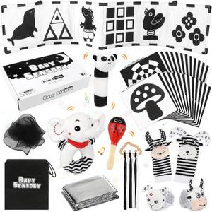 Dreamon 12PCS High Contrast Black and White Baby Sensory Toys, Newborn Tummy Time Toys with Rattle, Soft Book & Flash Cards, Montessori Infant Toys for 0-12 Months Boys Girls Shower Gifts