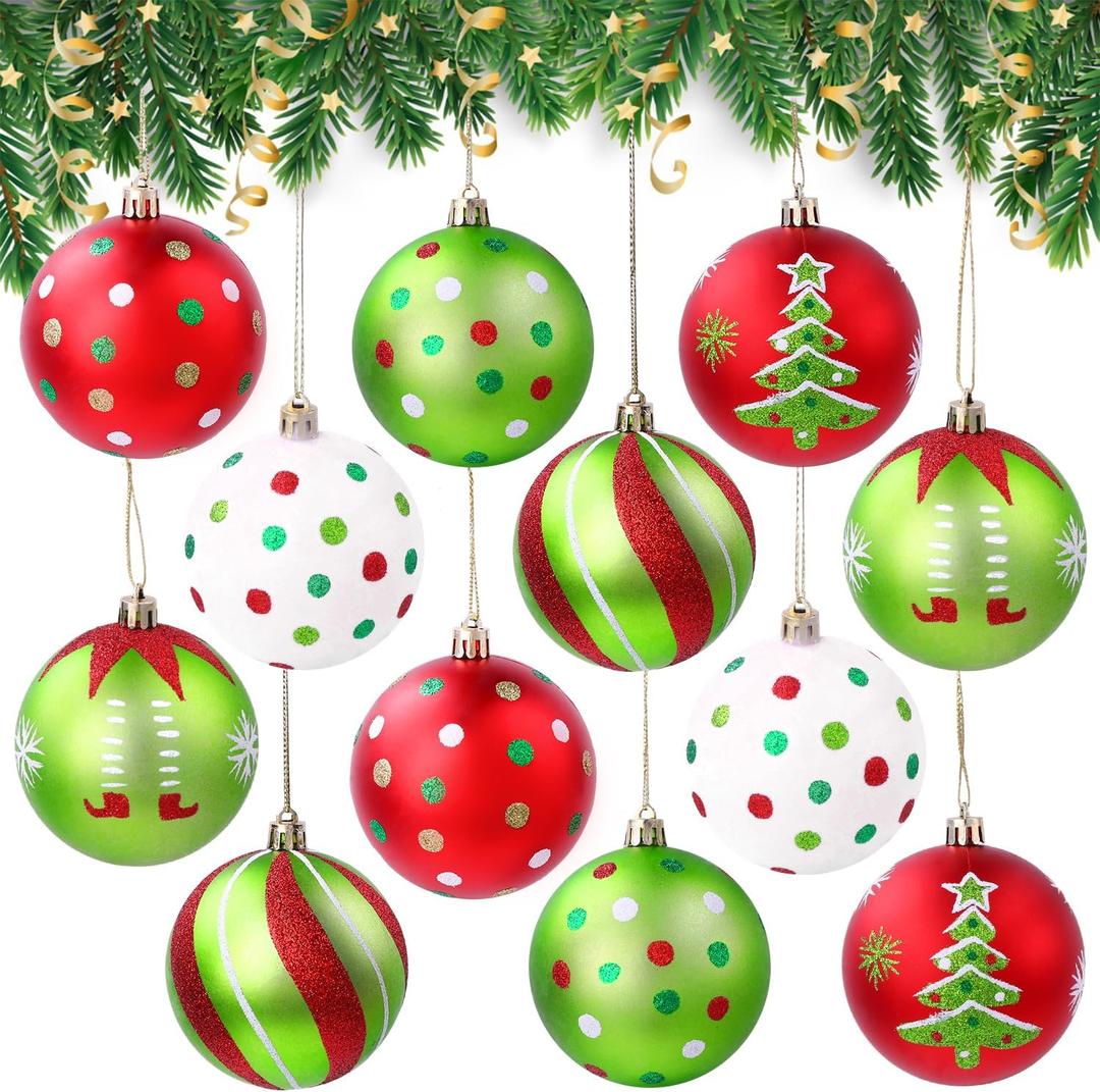 12pcs Christmas Balls Ornament 3.15 Inch Red Green Glittering Hanging Christmas Balls for Tree Decoration Swirl Polka Dots Christmas Tree Baubles for Home Indoor Holiday Party Decor