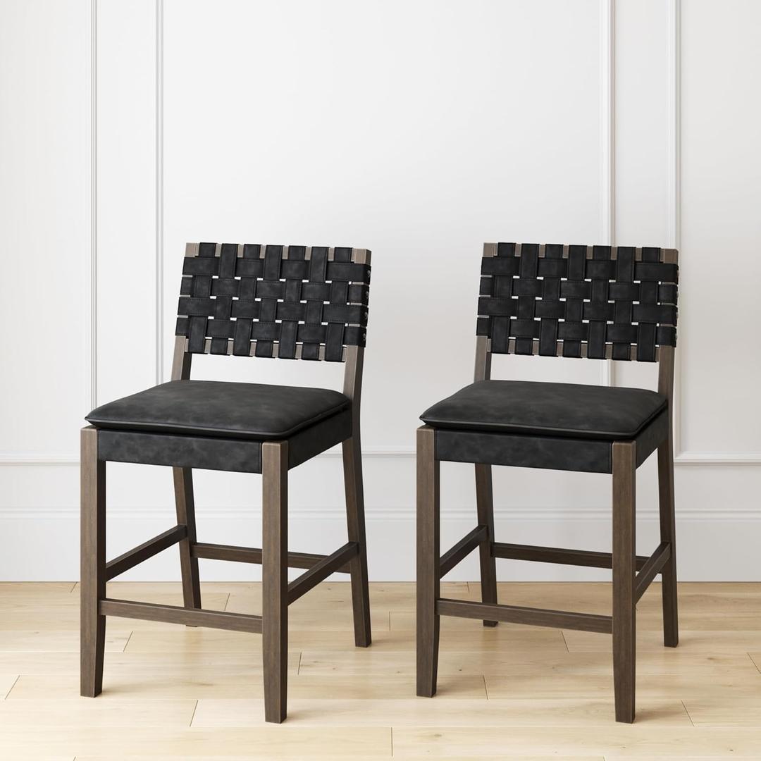 Nathan James Cohen Mid-Century Modern Suede Bar Stool, Counter Height Chair in Solid Wood Frame with Footrest and Woven Suede Back for Kitchen, Black, Set of 2