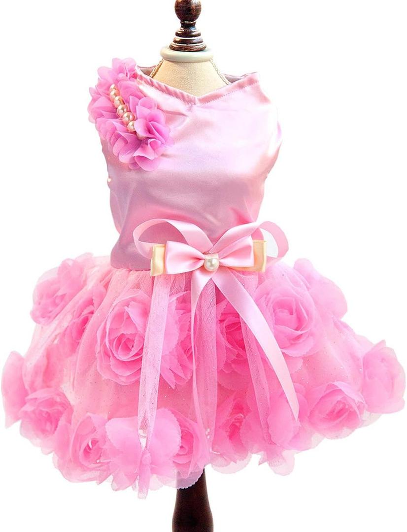 SMALLLEE_Lucky_Store Pet Small Dog Wedding Dress with Bowknot Birthday Party Costume Satin Rose Pearls Girl Formal Dress Cat Tutu Pink, XL, Neck: 12.5", Girth: 18.5", Back: 13.5"